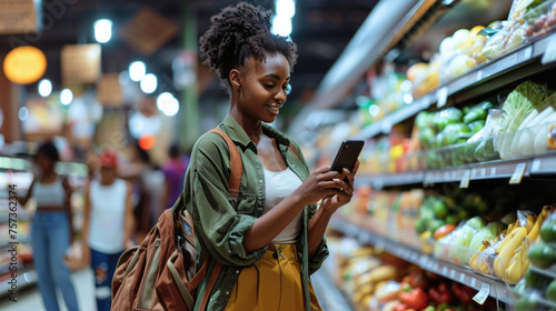 Young woman is smiling while looking at her smartphone, standing beside a shopping cart filled with groceries in a supermarket aisle. © MP Studio