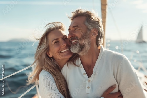 A happy couple embraces on a boat in the middle of the ocean, surrounded by water, smiling at each other under a cloudy sky during their leisure travel, expressing love through a gesture of affection