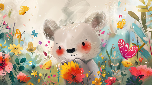 Adorable illustration of a smiling koala among a vibrant field of flowers and playful butterflies, full of life and color.