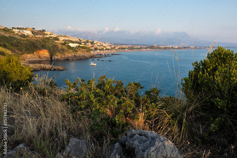 Cape Scalea, Carpino Bay, in the background the beach of Scalea, district of Cosenza, Calabria, Italy