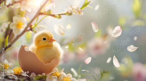 A small yellow Easter chicken in an eggshell among flowers on a spring background