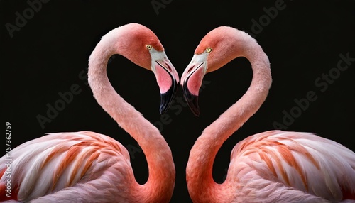  Two pink flamingos forming heart shape with their necks on black background © Marko