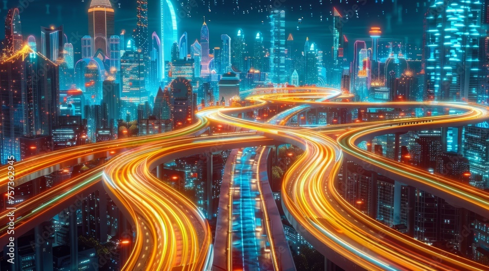 A digital highway of flowing data streams meanders through the scene, symbolizing fast concepts for technology and connectivity in urban life Generative AI
