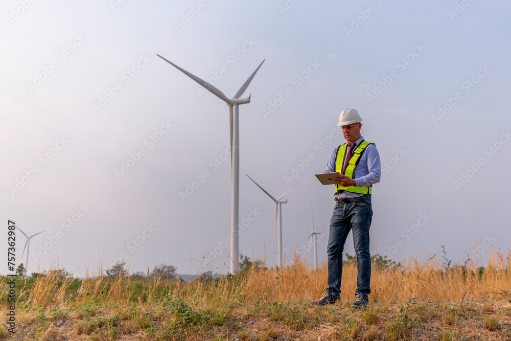 custom made wallpaper toronto digitalEngineer manager wearing uniform inspection work in wind turbine farms rotation to generate electricity energy. Green ecological power energy generation wind sustainable energy concept.