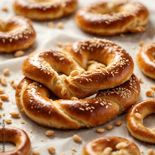Fresh pretzels with sea salt close-up on nice background, pretzels in the form of knot with cheese oil sauce, sesame seeds on top bakery products
