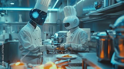 Fototapeta Naklejka Na Ścianę i Meble -  AI and Chef Collaboration A Revolution in  Kitchens through Cutting-Edge Culinary Devices and Hyperrealistic Digital Art