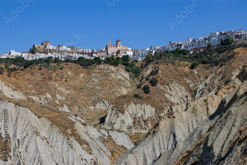 Pisticci, Matera district, Basilicata, Italy, view of the village with the Pisticci gullies in the foreground