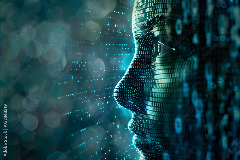 Female face with matrix digital numbers artifical intelligence AI theme ...