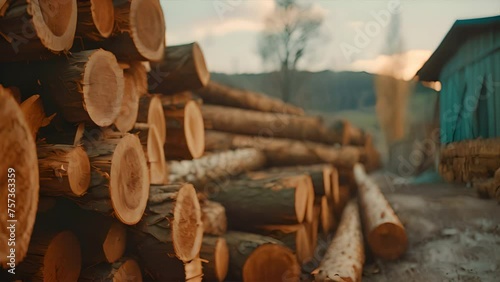 Stacks of freshly cut logs display the raw materials of the timber industry