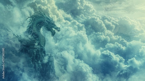 Dragon Statue Against Surreal Cloudy Sky