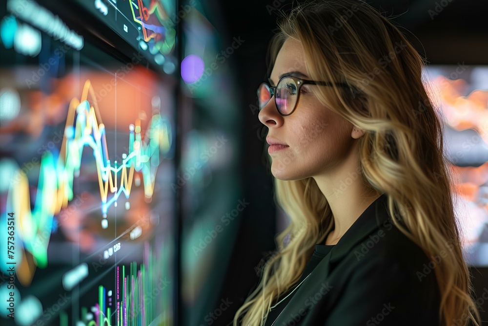 Analyst woman in front of computer displays. Financial female agent monitoring stock market. Generate ai Analyst woman in front of computer displays. Financial female agent monitoring stock market. Generate ai
