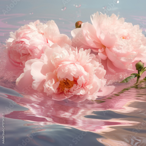 Pink flowers on the water, transparent water texture with ripples, drops and flowers. Water background