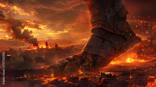 Colossal Robot Foot Crushing Cityscape Amidst Armageddons Inferno