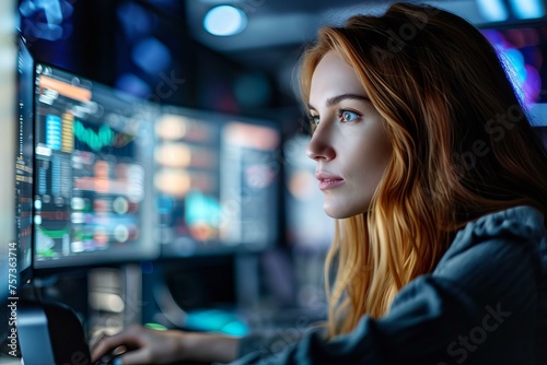 Financial analyst woman working in front of computer displays. Female trader following stock market evolution. Generate ai