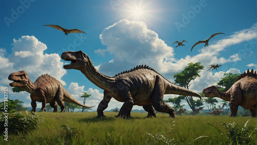 Dinosaurs thriving in the Triassic age, set against a green grassy backdrop and a vibrant blue sky, representing the ancient history of Earth. © xKas