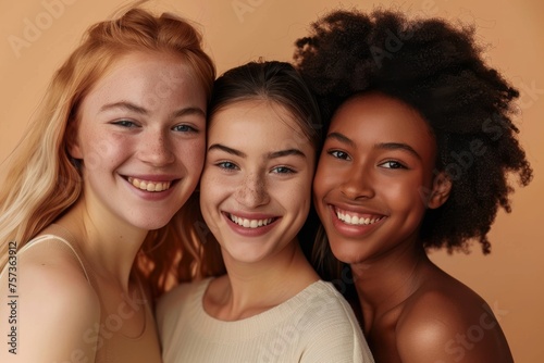 Portrait of happy diverse multi ethnic young women on beige background.