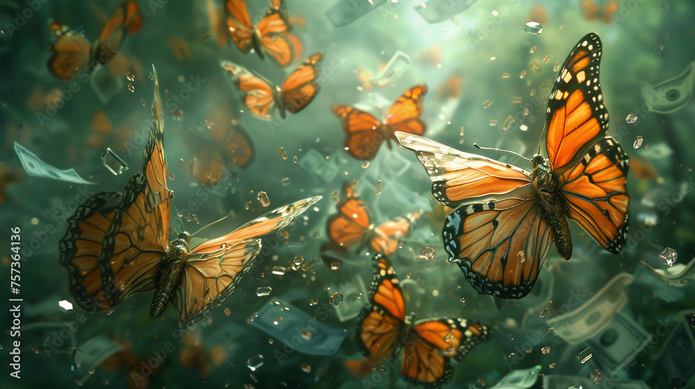Money butterflies fluttering in a garden of jewels petals of bills Money butterflies fluttering in a garden of jewels petals of bills