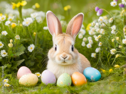 Cute brown bunny with painted Easter eggs on grass meadow