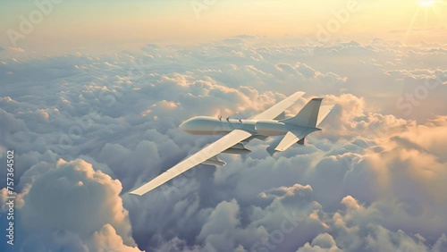View of drone aircraft flying above the clouds photo