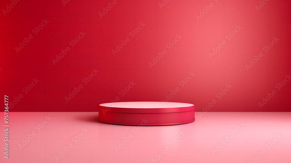 A striking red circular display pedestal stands out on a red background, ideal for product showcasing A striking red circular display pedestal stands out on a red background, ideal for product showcasing