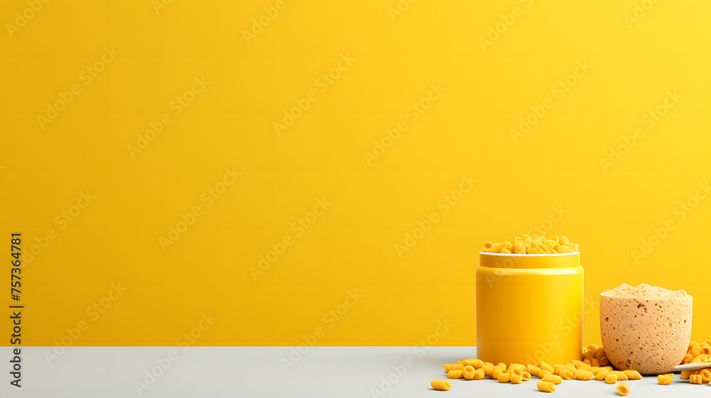 Cheese puffs tumbling out of a container against a striking yellow background, giving a visual appeal for food advertising and design projects - obrazy, fototapety, plakaty 