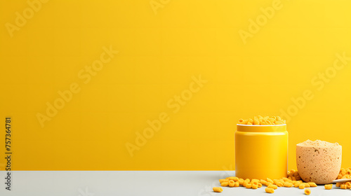 Cheese puffs tumbling out of a container against a striking yellow background, giving a visual appeal for food advertising and design projects photo