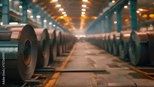 The rows of steel coils in a warehouse photo