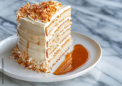 A moist coconut cake with creamy coconut filling, topped with coconut buttercream, on a white plate on marble. Garnished with toasted coconut flakes and caramel sauce