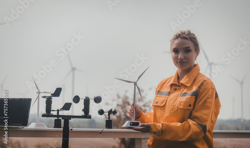 Foto Engineers turbine windmill work in turbine farms rotation resource from  windmill turbine model and meteorological collect data to measure the wind force meter is ecology energy concept
