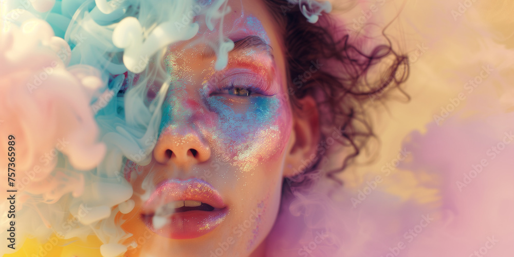 A beautiful woman with bright makeup and clouds of pastel smoke in her hair, creating an unearthly atmosphere. close-up in soft lighting, creating a dreamy effect. Pastel color scheme. A beautiful woman with bright makeup and clouds of pastel smoke in her hair, creating an unearthly atmosphere. close-up in soft lighting, creating a dreamy effect. Pastel color scheme.