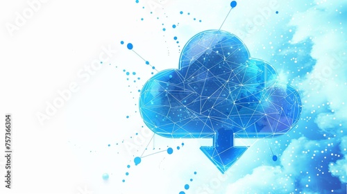 Concept illustration or background of cloud computing, big data using a polygonal wireframe in the shape of an arrow up and down isolated on white with dots.
