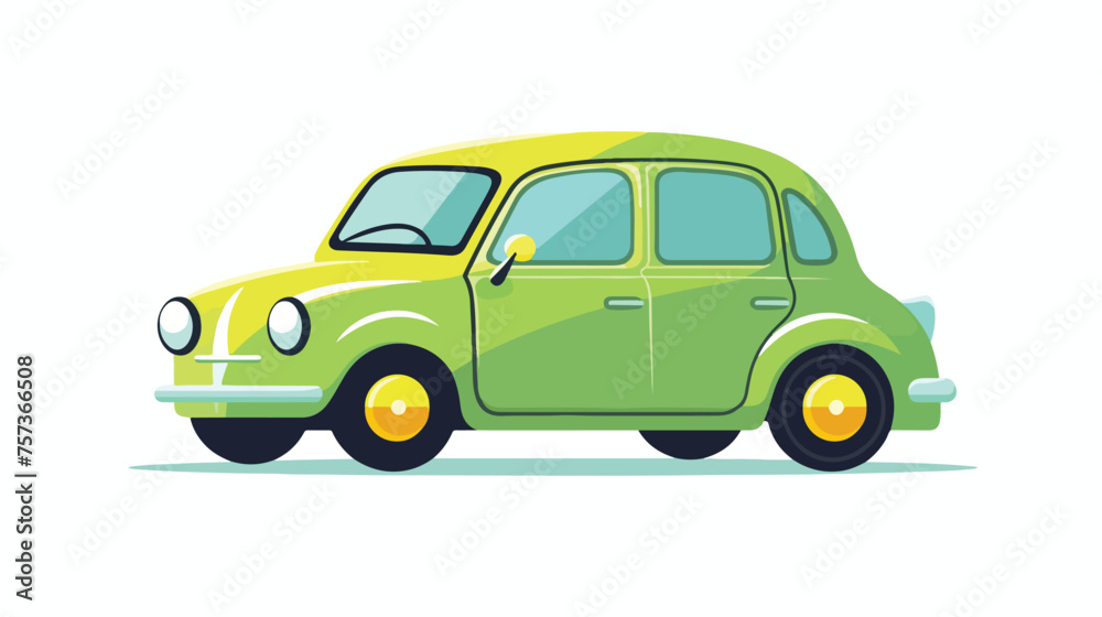 A green flat car is driving on the road. Vector illustration