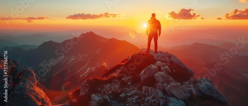 A lone hiker stands on the summit contemplating the expansive mountain range bathed in the golden light of the setting sun