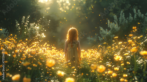 A little girl wearing a white dress stands in the middle of a flower field, with flowers blooming all around her in the golden hour light