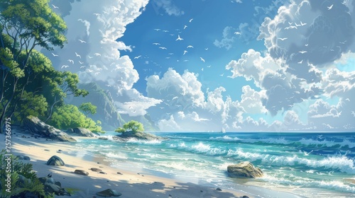 Stunning Sea Shore Scene Illustration Wallpaper