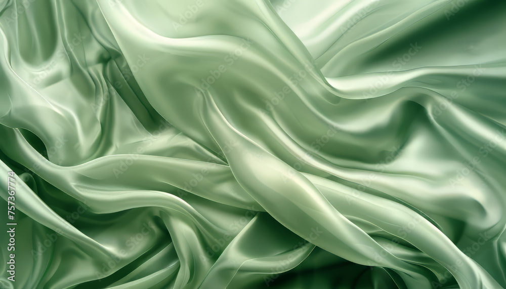 Obraz premium sage color soft silk textured curtains blowing and an arched winder with sun reflections