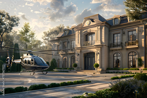 Helikopter vor einer Villa mit Palmen, Reichtum und Wohlstand, Oberschicht, erstellt mit generativer KI