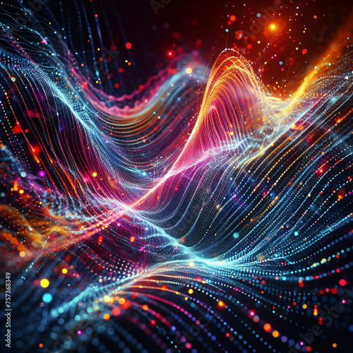 an abstract digital wave composed of particles, creating a futuristic point wave, with vibrant colors and dynamic movement, generative ai