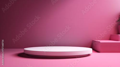 An empty pink room with a large  round podium on the floor and a potted plant to the side reflecting tranquility and simplicity