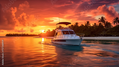 A stunning sunset with vivid colors sets the scene for a luxury yacht cruising near a tropical island.
 photo