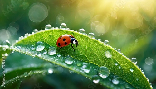 Drops of morning dew and ladybug on young juicy fresh greenleaves glow in sunlight in nature