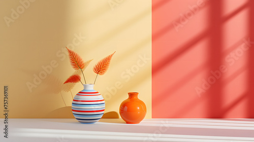 A vivid composition featuring a striped vase with dry plants and a bright orange pot against a dual-colored background with shadows photo