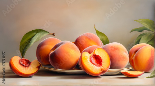 Fresh peaches with green leaves on a grey brown background