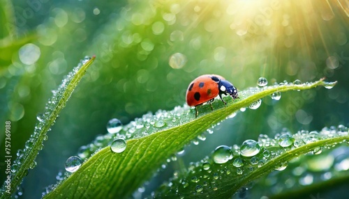 Drops of morning dew and ladybug on young juicy fresh greenleaves glow in sunlight in nature © Viktorija