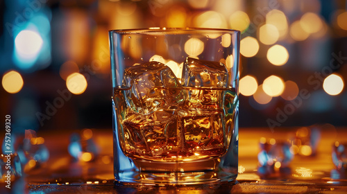 Close-up of a whiskey glass with ice, ideal for bar and leisure themes.