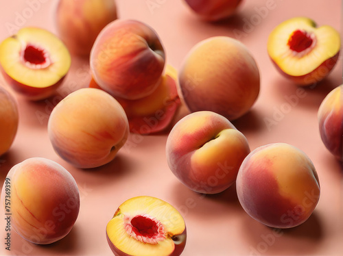 Fresh peaches with green leaves on a peach pink background
