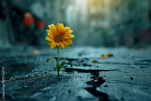 Small flower grow on cracked street photo