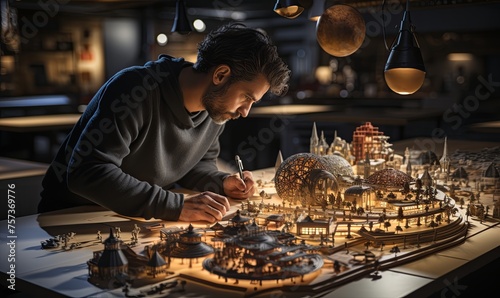Man Writing on City Model