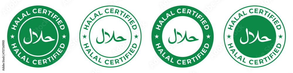 Halal certified label vector icon green illustration for product package. Green Halal sign, symbol, badge, sticker, stamp, mark or emblem. Muslim Ramadan food quality. Arabic food seal isolated. Halal certified label vector icon green illustration for product package. Green Halal sign, symbol, badge, sticker, stamp, mark or emblem. Muslim Ramadan food quality. Arabic food seal isolated.