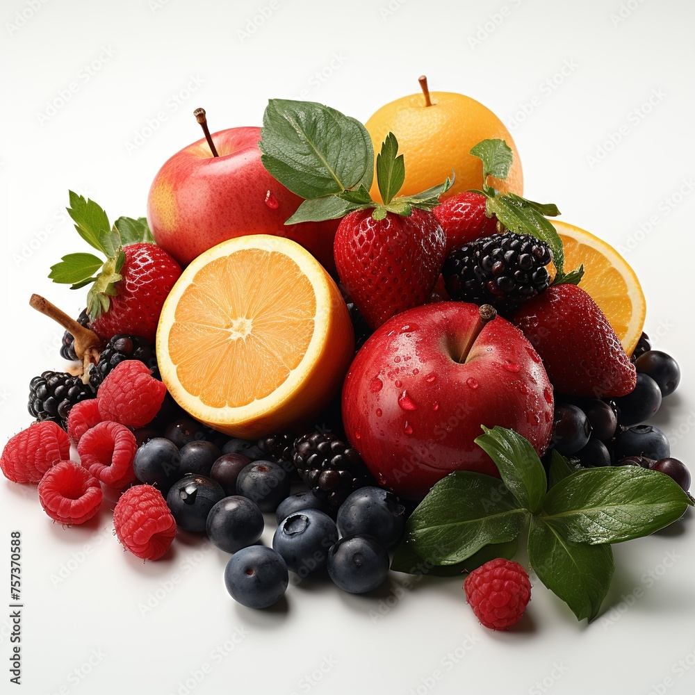 A pile of fruit including apples, oranges, and strawberries A pile of fruit including apples, oranges, and strawberries